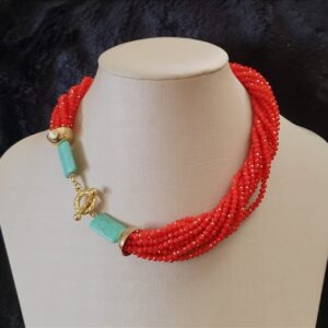 Colar curto de cristais coral e tiffany