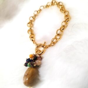 Pulseira corrente dourada com pingente de pedra natural